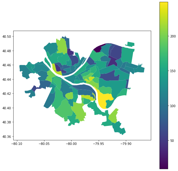 A picture of Pittsburgh neighborhoods after data analytics. Upper Lawrenceville is shown to be the best neighborhood in Pittsburgh.